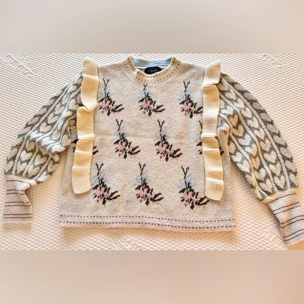 CIDER Ruffle Cream Pink Blue Knit Sweater w Balloon Sleeves like LOVESHACK FANCY